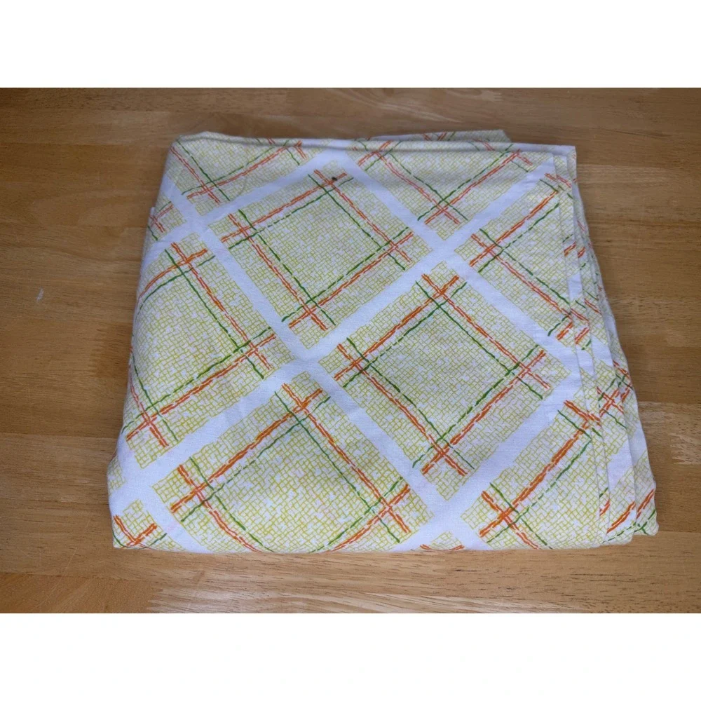 Vintage Sears Perma-Prest Tablecloth Orange Green Yellow Plaid Rectangular Retro